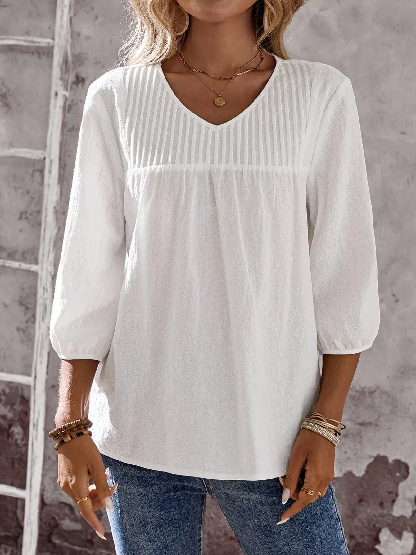 

Женская однотонная свободная повседневная блузка с V-образным вырезом и рукавами 3/4, летний топ