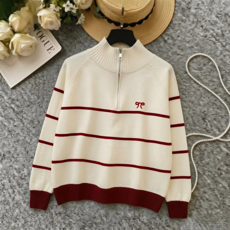 Damen Rollkragenpullover mit Reißverschluss, weiß gestreift, mit Schleife, elastischer Strick, lange Ärmel, locker geschnitten, Vintage, lässiger Pullover, Strickware