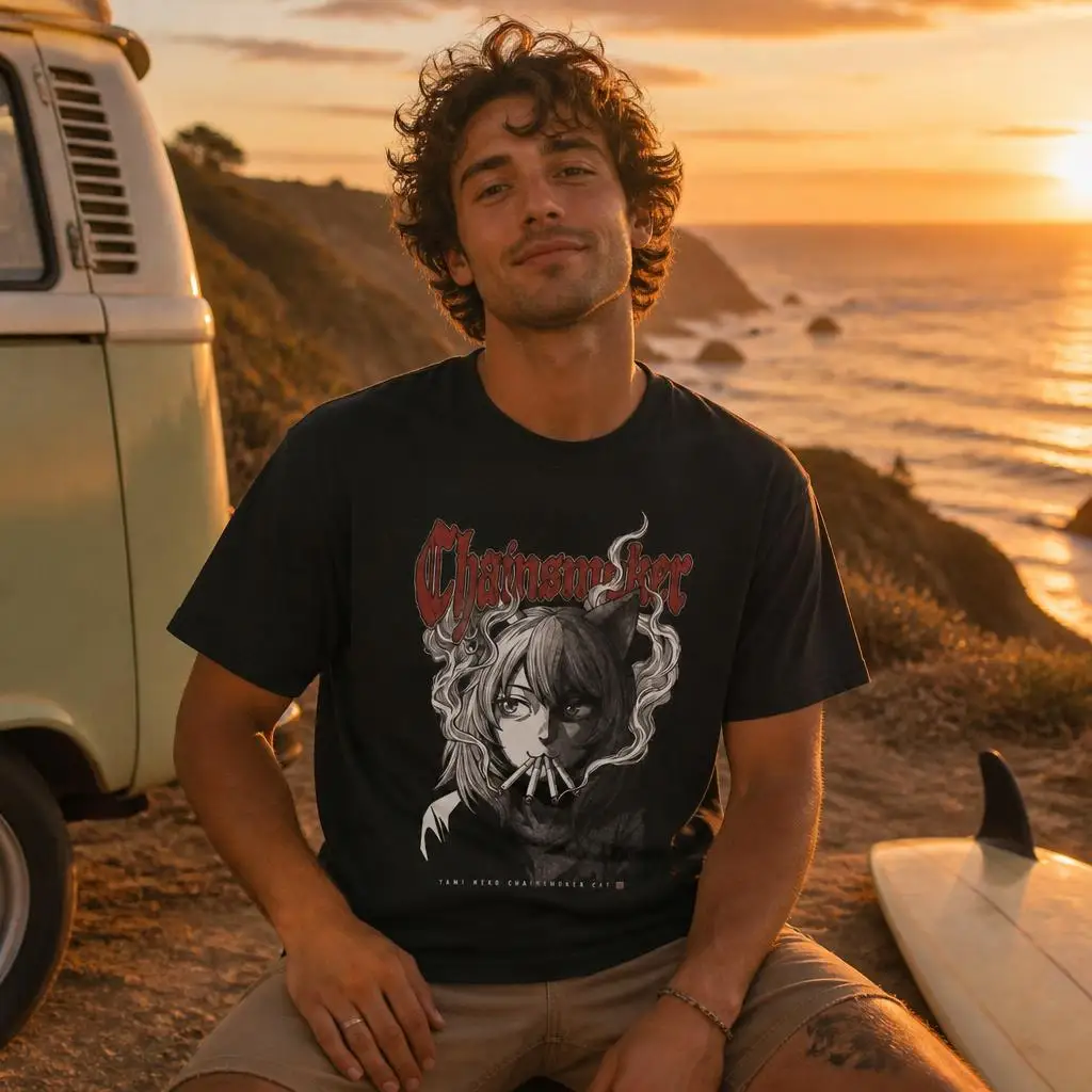 Also, Neko Chainsmoker Katzen-T-Shirt für Männer, 100 % Baumwolle, lustiges T-Shirt mit kurzen Ärmeln, Geschenk-T-Shirts. – Detail 4