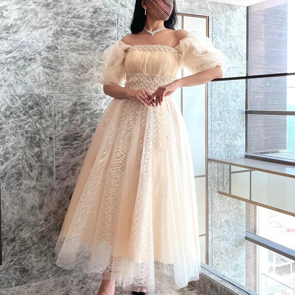 

Customized Off the Shoulder Champagne Tulle Evening Dress Sleeveless Draped Crystal Party Dress Backless Tea-Length Prom Gown