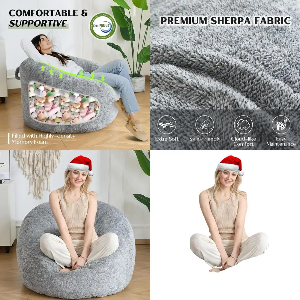 

Luxury Sherpa Bean Bag Chair with Back Support, Plush Memory Foam Sofa for Adults and Teens, Light Grey