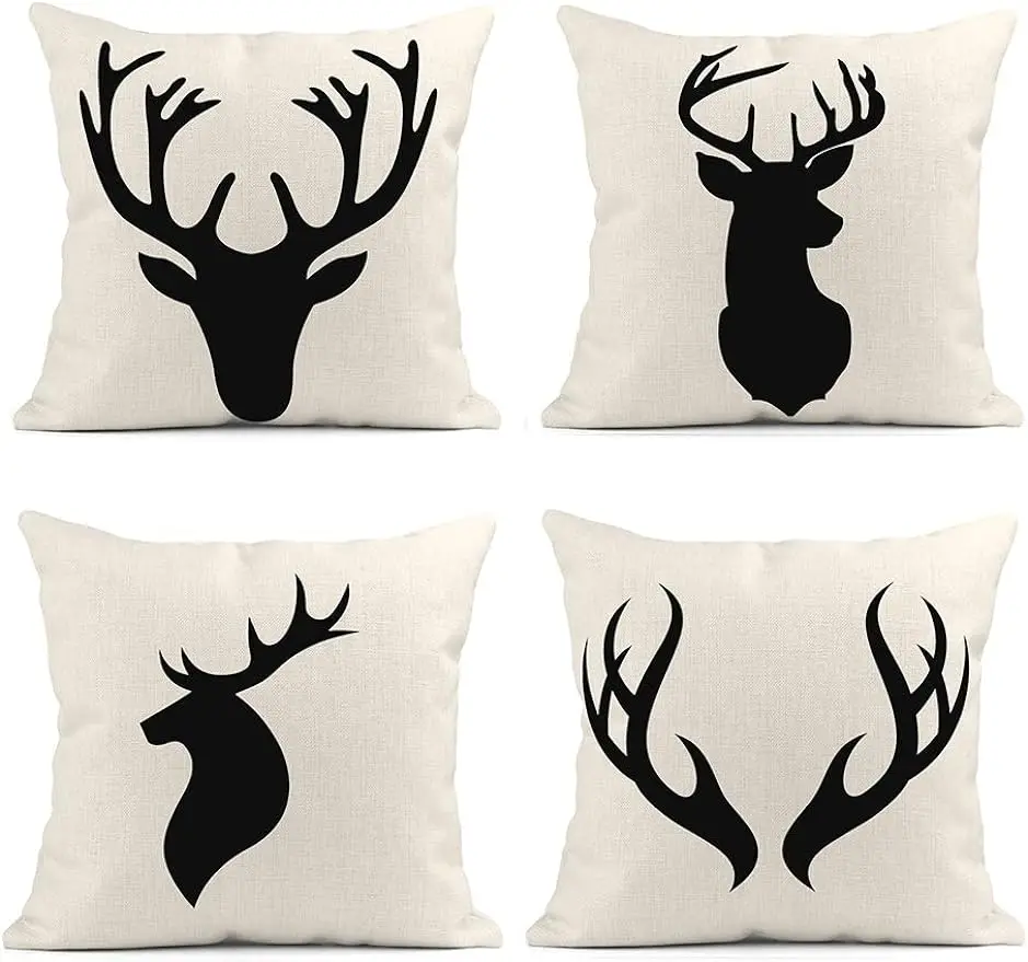 Throw pillowcase, deer head silhouette, white reindeer decoration, linen pillowcase, home décor, cushion cover 40X40cm