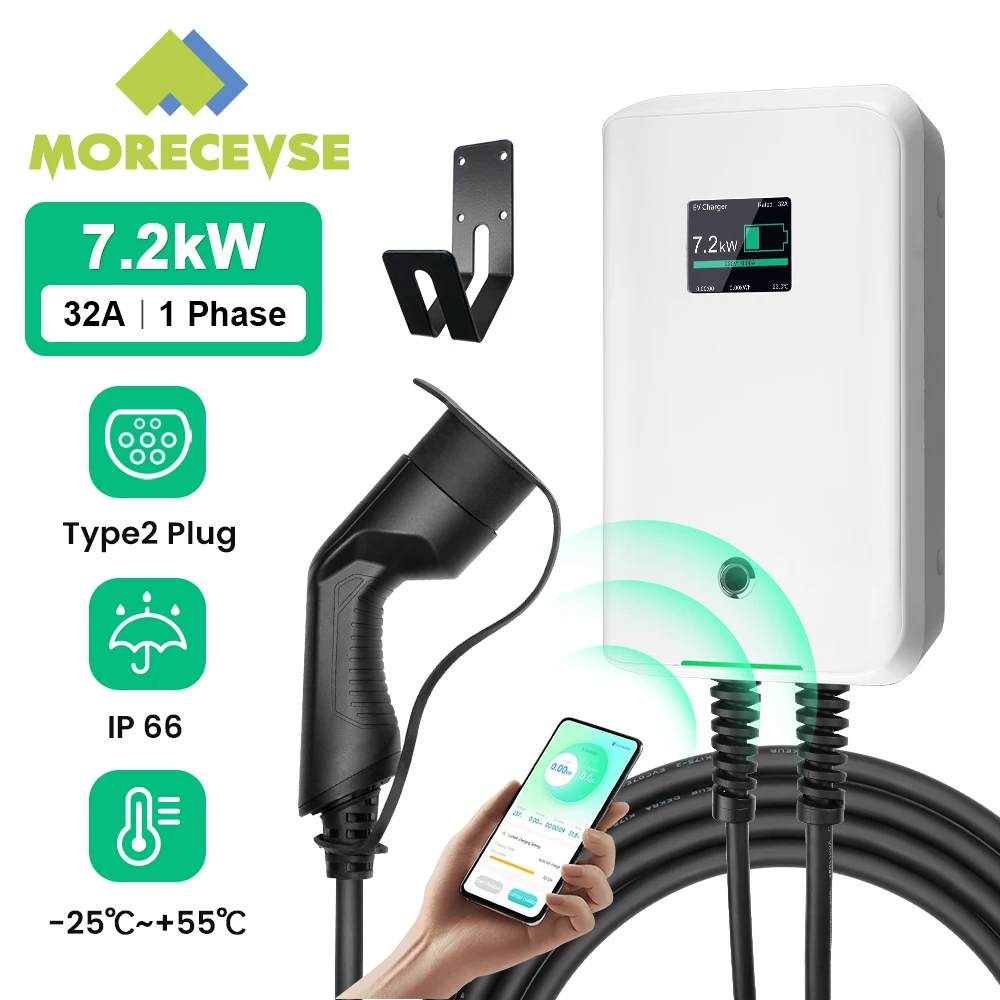 MOREC-estación de carga EV para coche eléctrico, cargador EV de 7KW, nivel 2, tipo 2, Wallbox de 32A con Control por aplicación, montaje en pared