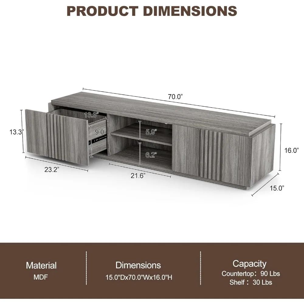 "Suporte de TV belleze de 70 polegadas, mesa de console de centro de entretenimento para TVs de até 75 polegadas com gavetas grandes e ela aberta de 2 camadas