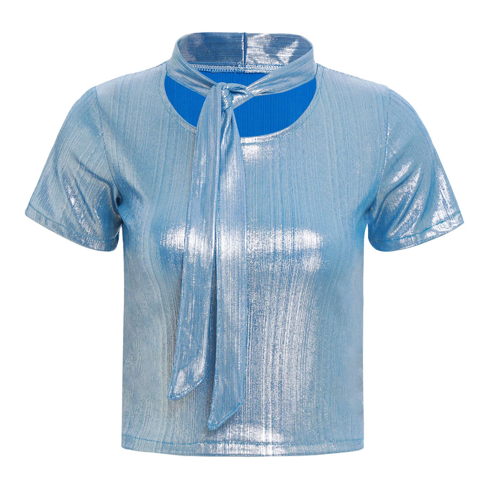 

Womens Metallic Shiny T-shirt Short Sleeve Front Tied Draping Shirt 80s Disco Dance Tops for Music Festivals Electric Syllables