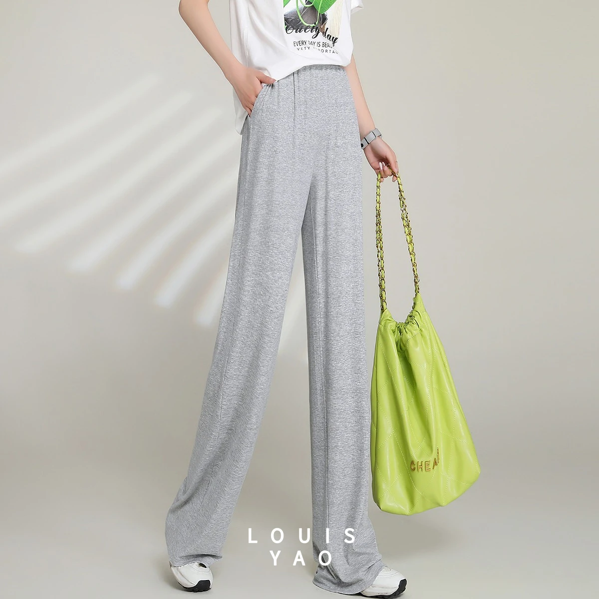 LOUISYAO Women's Casual Pants 2026 Summer High Waist Elastic Sporty Drapey Smooth Thin Floor Length Long Trousers