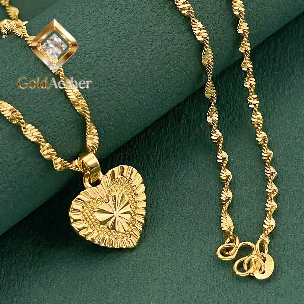 

GoldAether Luxury 24K 9999 Pure Gold real gold Women Heart Brand Pendant Necklace Light Luxury Peach Heart Pendant Necklace