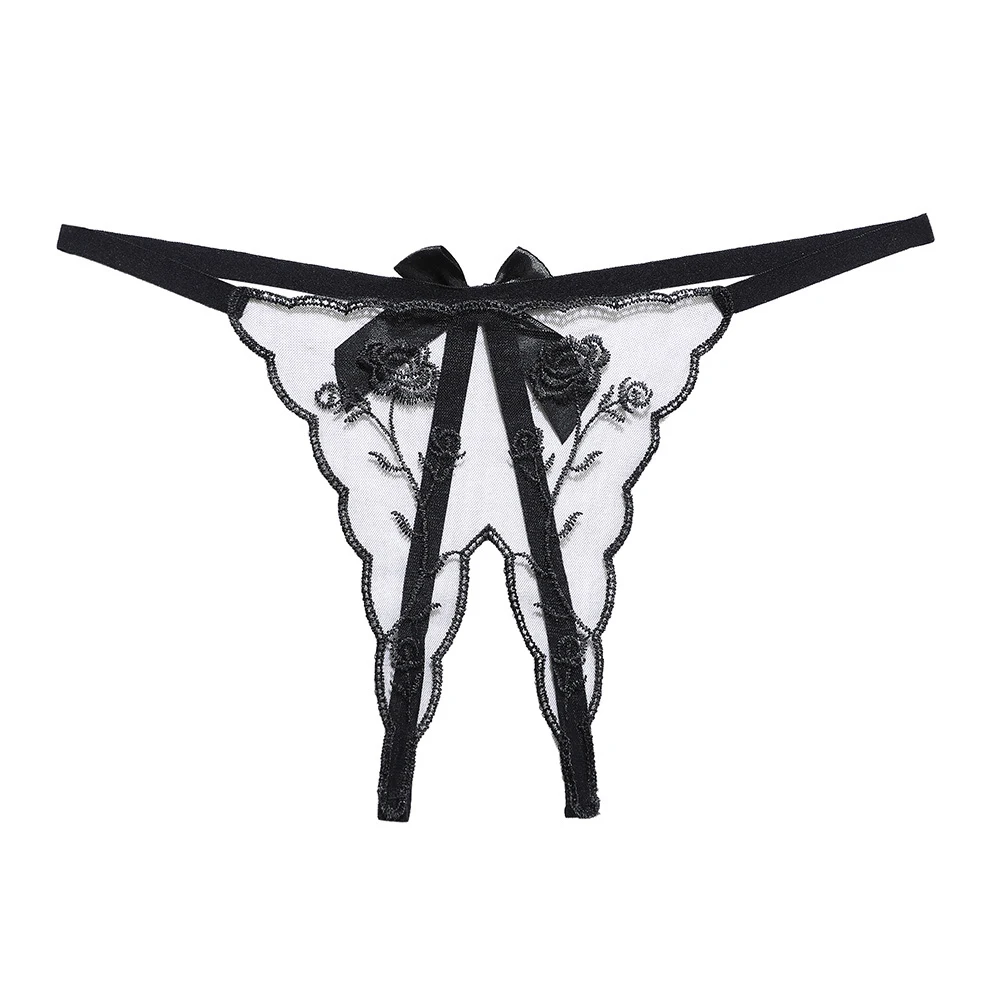 Tanga Sexy de encaje con entrepierna abierta para mujer, bragas transparentes ultrafinas de tiro bajo