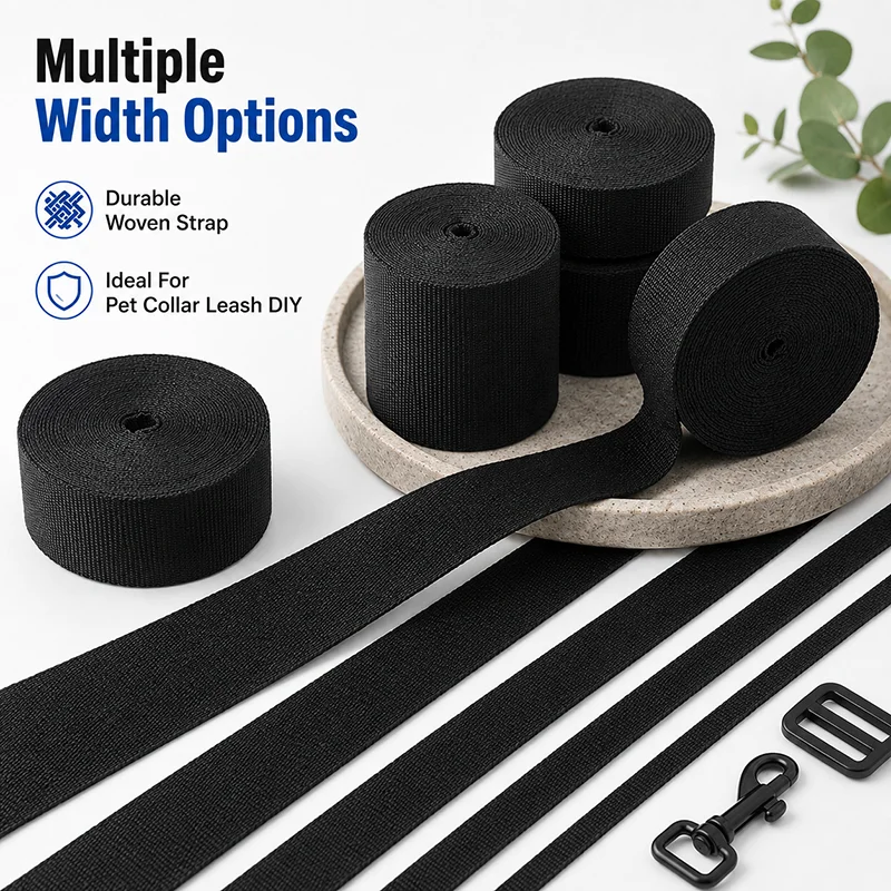 

10M 20-100mm Black Polyester Webbing Band for Pet Collar Leash Harness Dog Safety Training Lead Adjustable Binding Material Roll