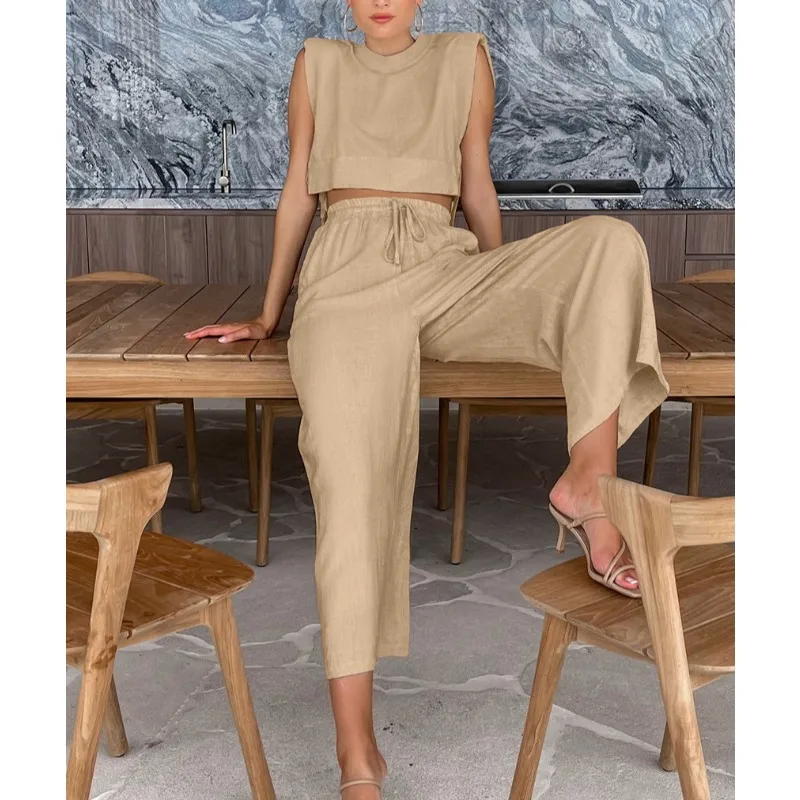 موضة القطن والكتان دعوى الملابس النسائية 2026 الربيع والصيف منصات الكتف الجديدة بلا أكمام بنطلون علوي قطعتين مجموعة