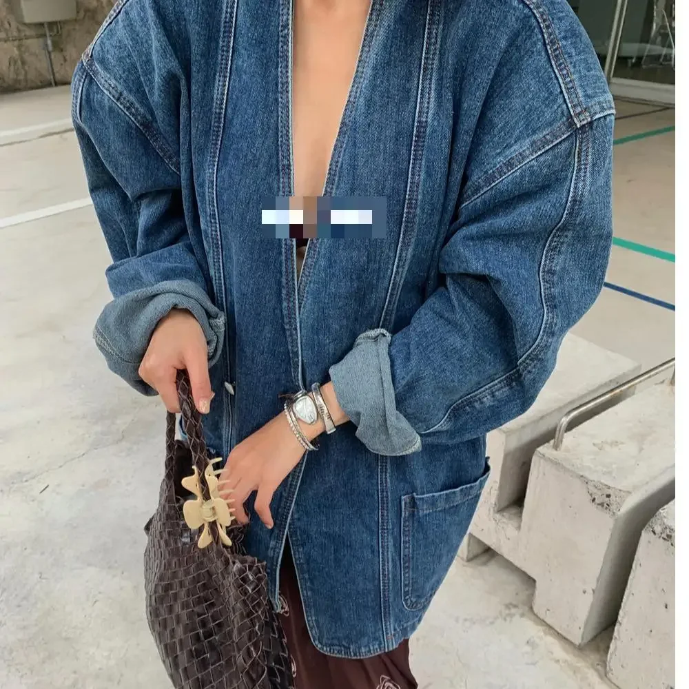 Women Denim Jacket 2025 Spring Autumn Retro Double Breasted Shoulder Padded V Neck Loose Casual Long Blue Denim Coat