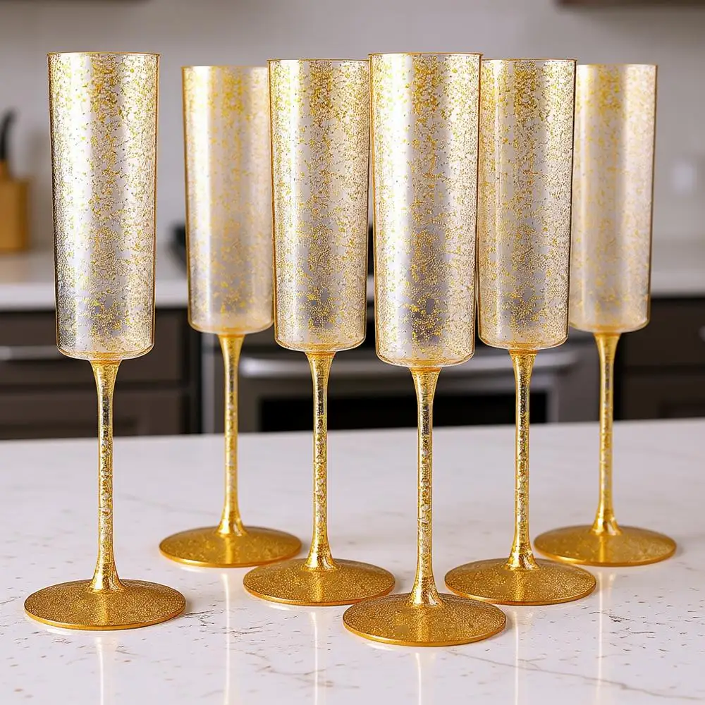 

Набор из 24 пластиковых бокалов для шампанского — одноразовые бокалы для шампанского объемом 6 унций с золотым блеском — квадратные пластиковые стаканы для вина для свадебных тостов или