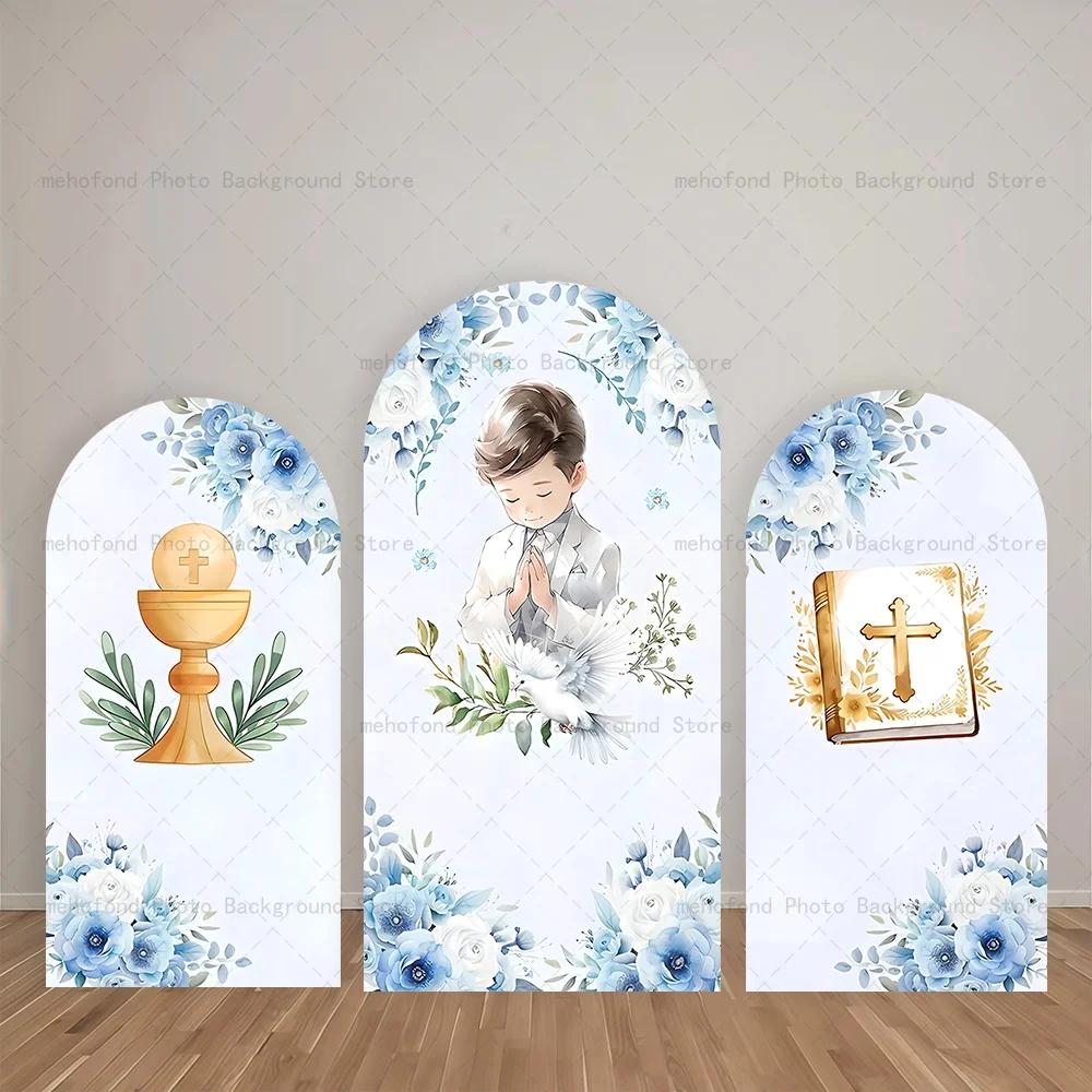 

Фон для крещения Mehofond для мальчиков, Святое причастие, Бог благослови, детский синий цветок, библейский декор, золотой крест, двусторонний фон для фотосъемки