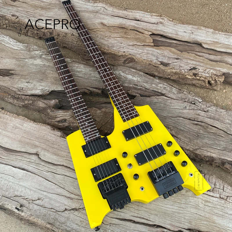 Neon Yellow Double Neck Headless Electric Guitar, Tremolo Bridge 6 String Guitar + 4 String Bass Combo, 24 Frets Black Hardware