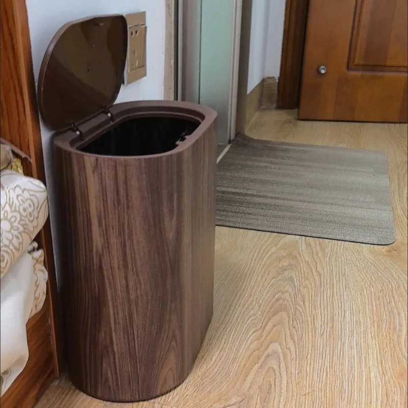 Wood Grain Trash Can with Lid Bathroom Litter Bins Large Capacity Wastebasket Living Room Toilet Retro Household Recycle Bin