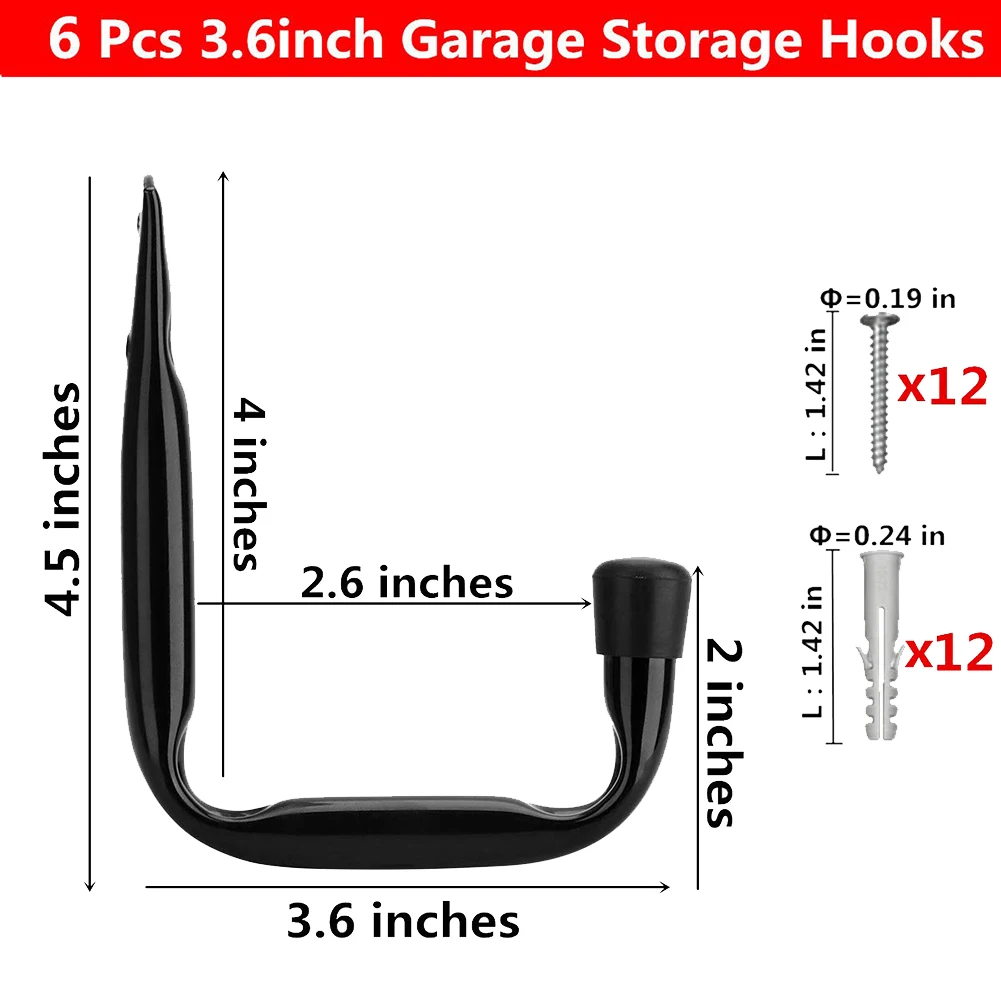 6 Pack Garage Storage Hooks,Heavy Duty J Utility Hooks Bike Wall Mount Rack for Garage