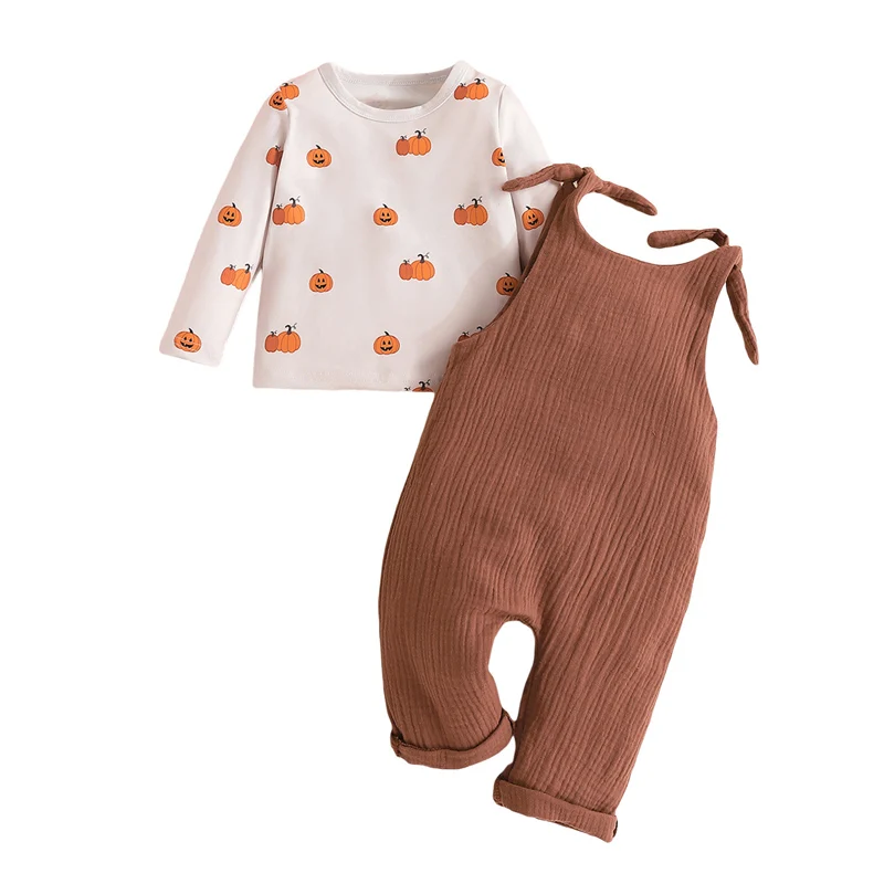 

Toddler Baby Girl Halloween Outfit Infant Fall Clothes Long Sleeve Pumpkin Print Tops Suspender Pants Set