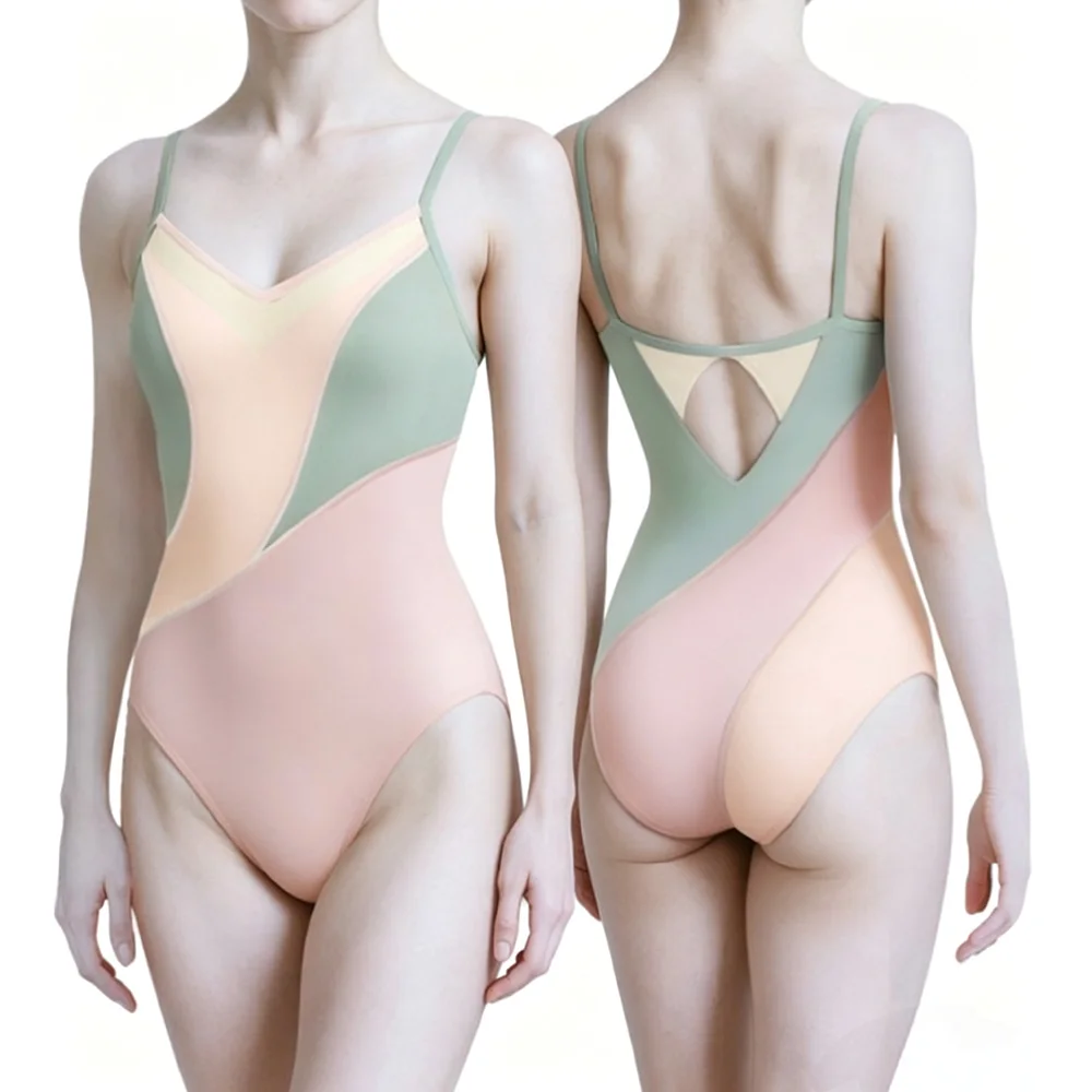 CLYFAN  Spaghetti Strap Ballet Leotard for Women Color Block Patchwork Dancewear Backless Gymnastics Bodysuit for Adults