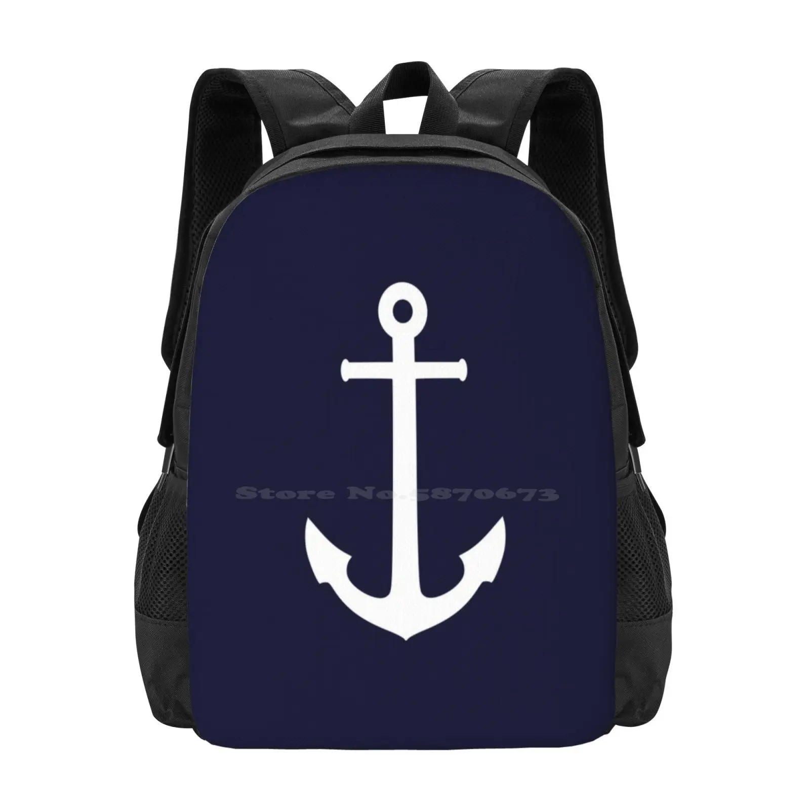 White Anchor On Navy Blue Pattern Design Bag Student'S Backpack Anchor Boating Sailing Ocean Sea Tropical Water Navy Blue