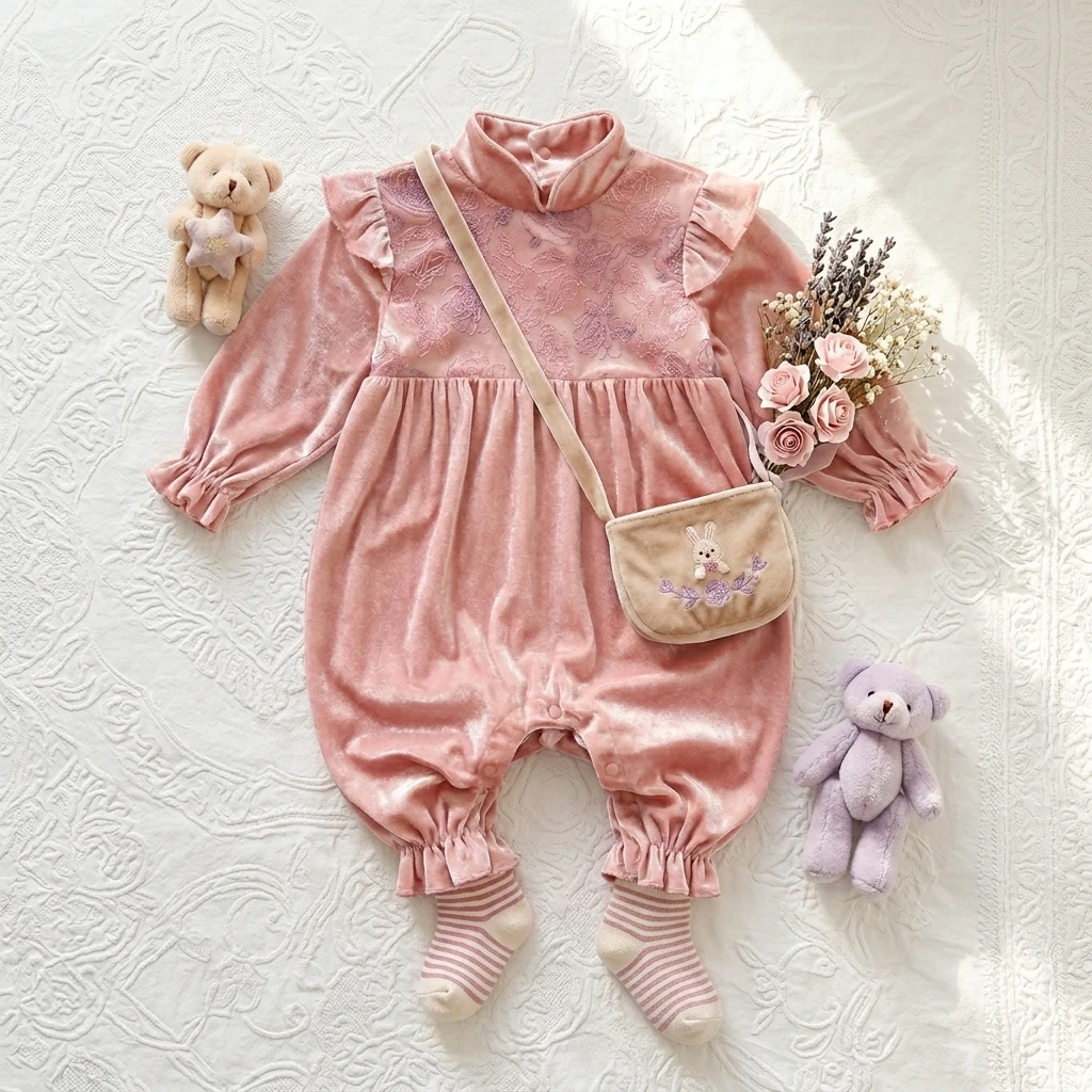 Toddlers Solid Clothes Jumpsuits Winter Warm Pink Autumn Baby Girls Rompers Cute Lace