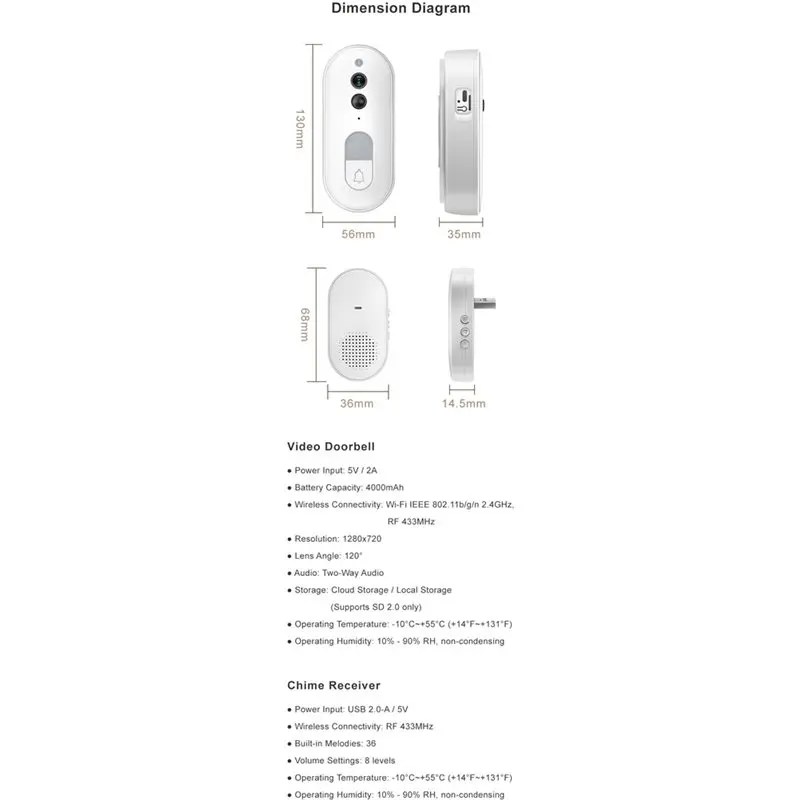 Wireless HD Wifi Camera Tuya Smart Video Doorbell IP65 Waterproof Two-Way Talk IR Night Vision Home Security System