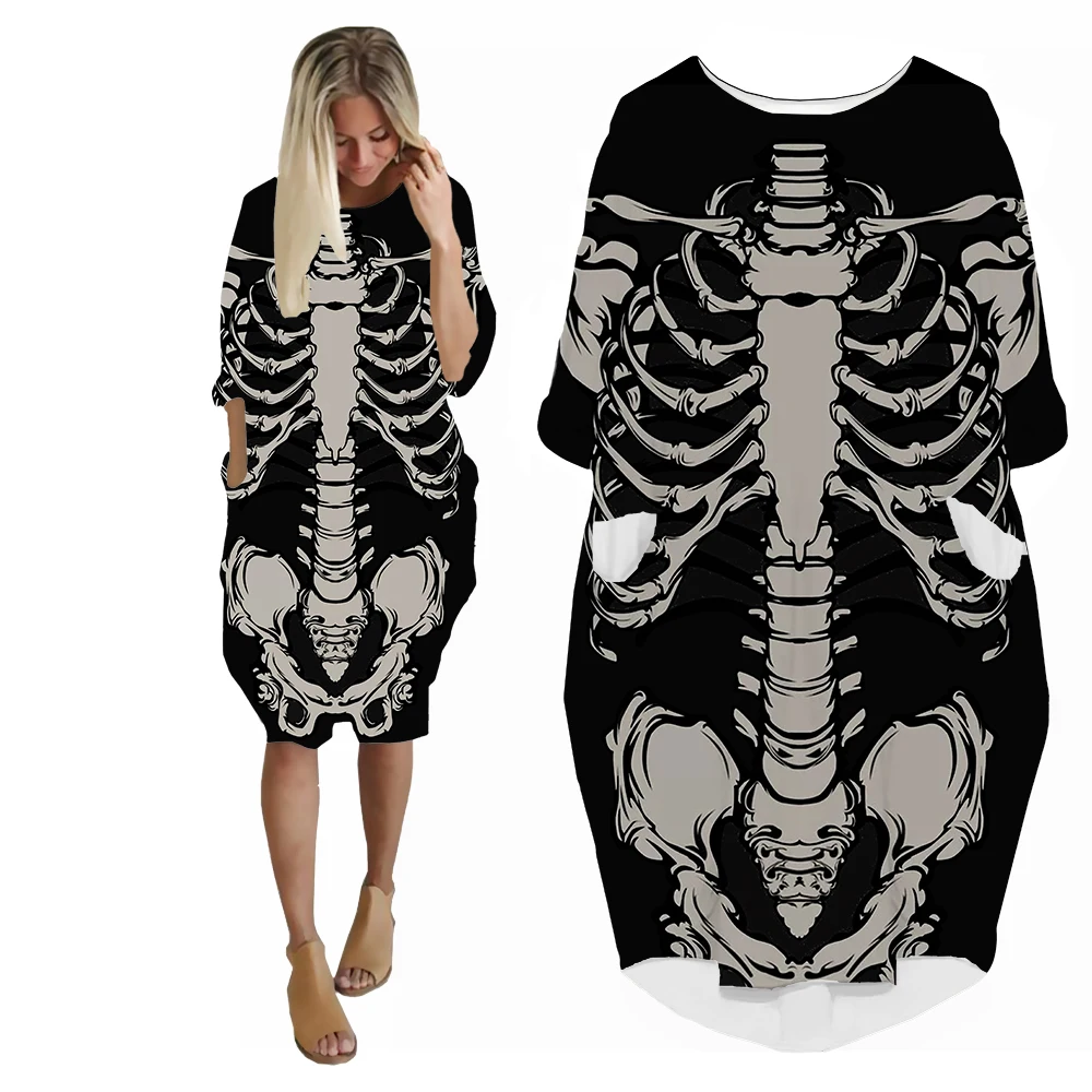 SONSPEE Summer Dress Suit Fashion Funny Skirt Suit Cool Rock Harajuku Skeleton Women Gown Lady Clothing Party Long-sleeve Dress