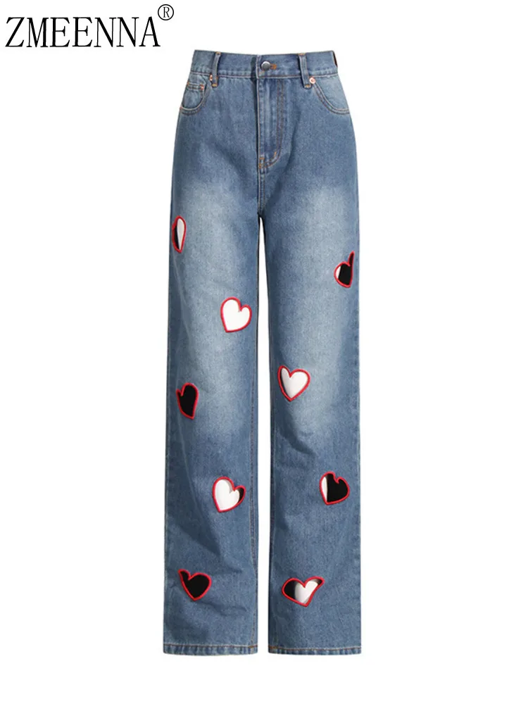 

ZMEENNA 2025 Blue High Waisted Jeans With Heart Patches Trendy Straight Leg Denim Women Perfect Streetwear Chic Fashion ZM618