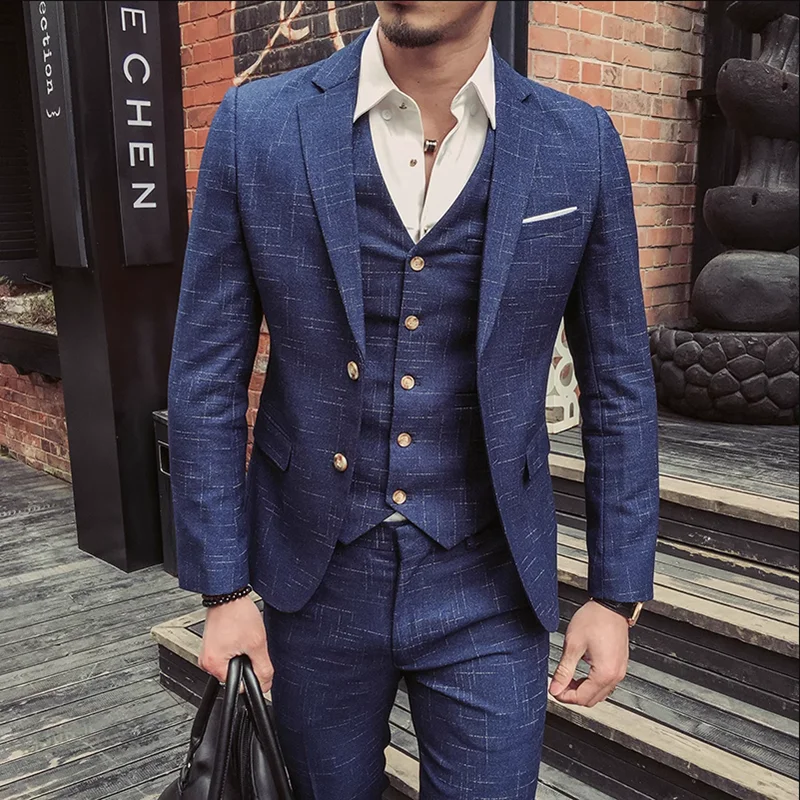 Tough Man Suit (suit + Vest + Trousers) High Quality Wedding Art and Art Fabric Slim-fit Men\'s Double Buckle Three-piece Suit