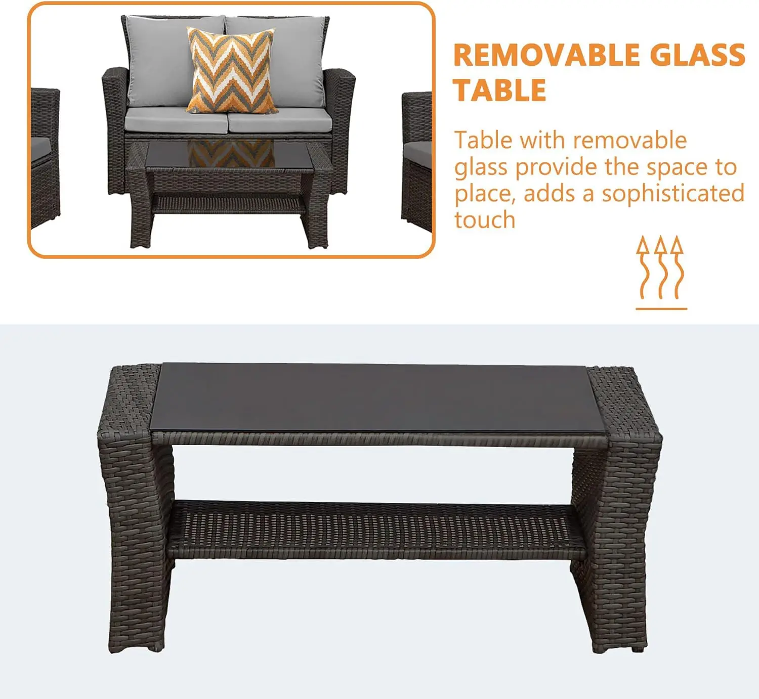 All-Weather Wicker Patio Móveis Sets, Outdoor Rattan sofá secional, cadeira com almofadas e mesa de café, 4 PCs