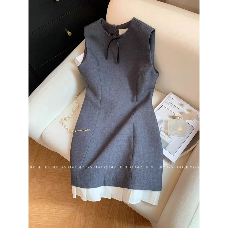 Abito senza maniche con temperamento a vita elegante alla moda grigio di alta qualità Autunno Nuovo abito casual a trapezio