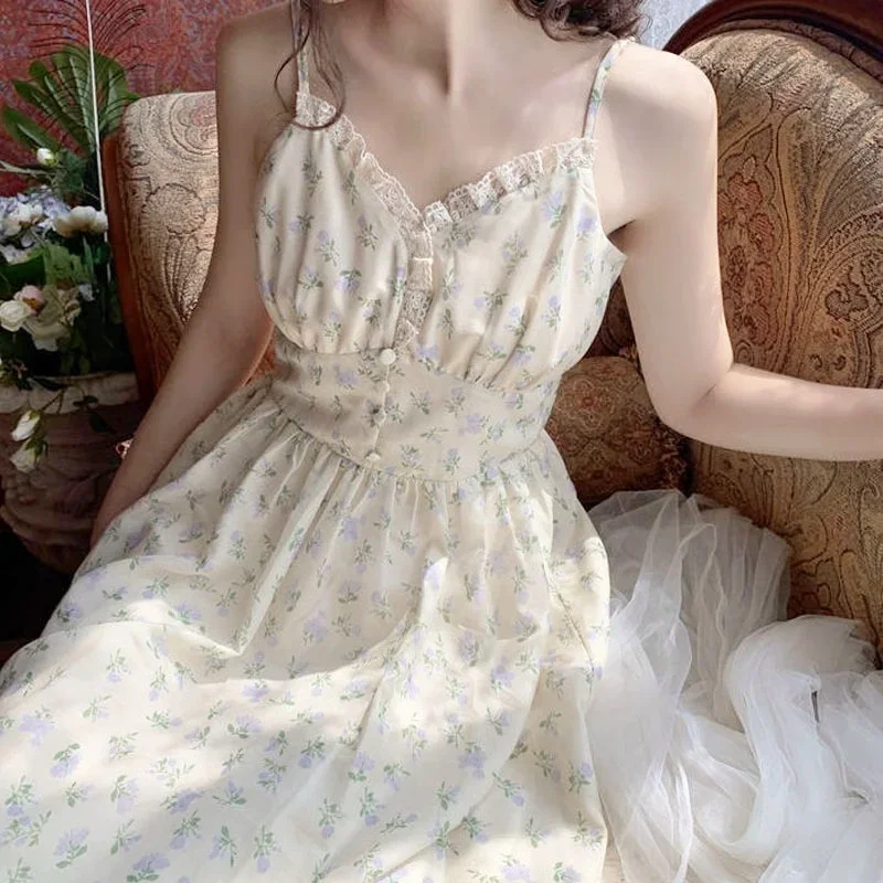 

Elegant Casual Women's Dresses Party 2021 Summer One Piece Dress Korean Lace Vintage Strap Dress Floral Females French V-neck