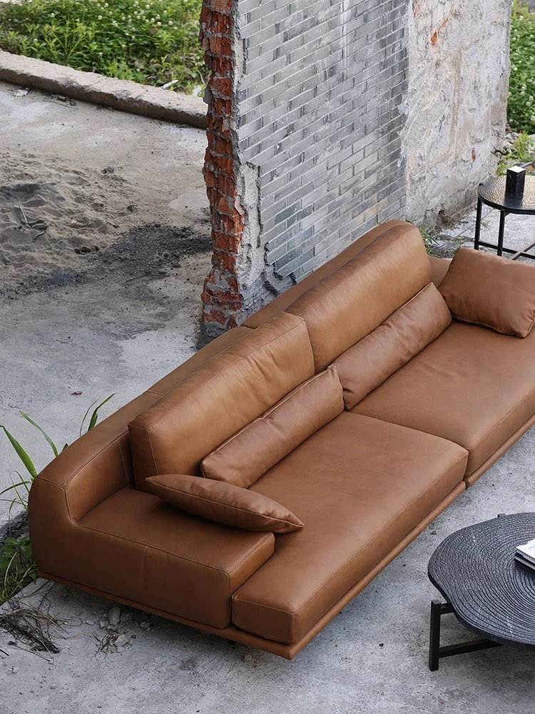 Nordic imported first layer cowhide medieval caramel color full leather metal leg split sofa