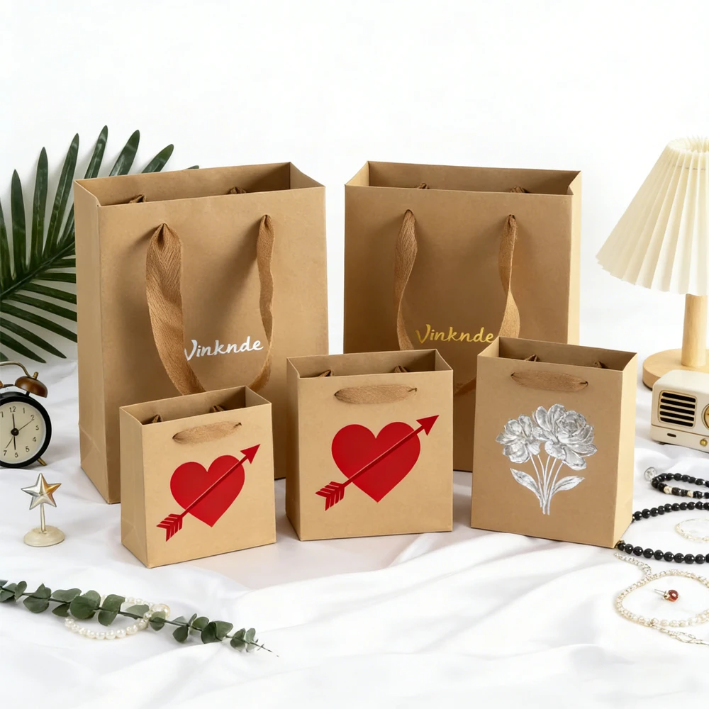 

50Pcs Kraft Paper Gift Bags with Ribbon Handles Eco-Friendly Brown Shopping Bag with Custom Foil Logo Jewelry Clothing Packaging