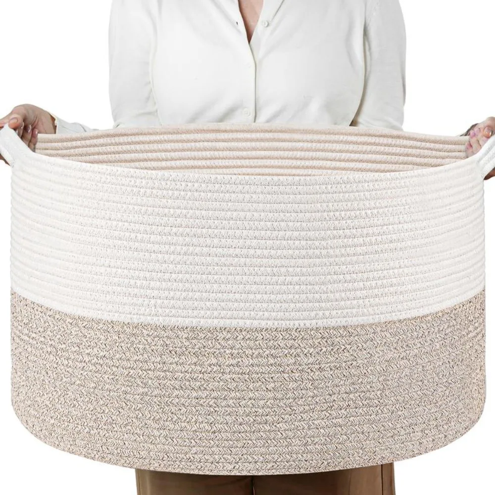 

Woven Rope Basket with Handle, Cotton (21.7" x 21.7" x13.8") Laundry Hamper For BabyLaundry, Blanket, Toy, Light Brown