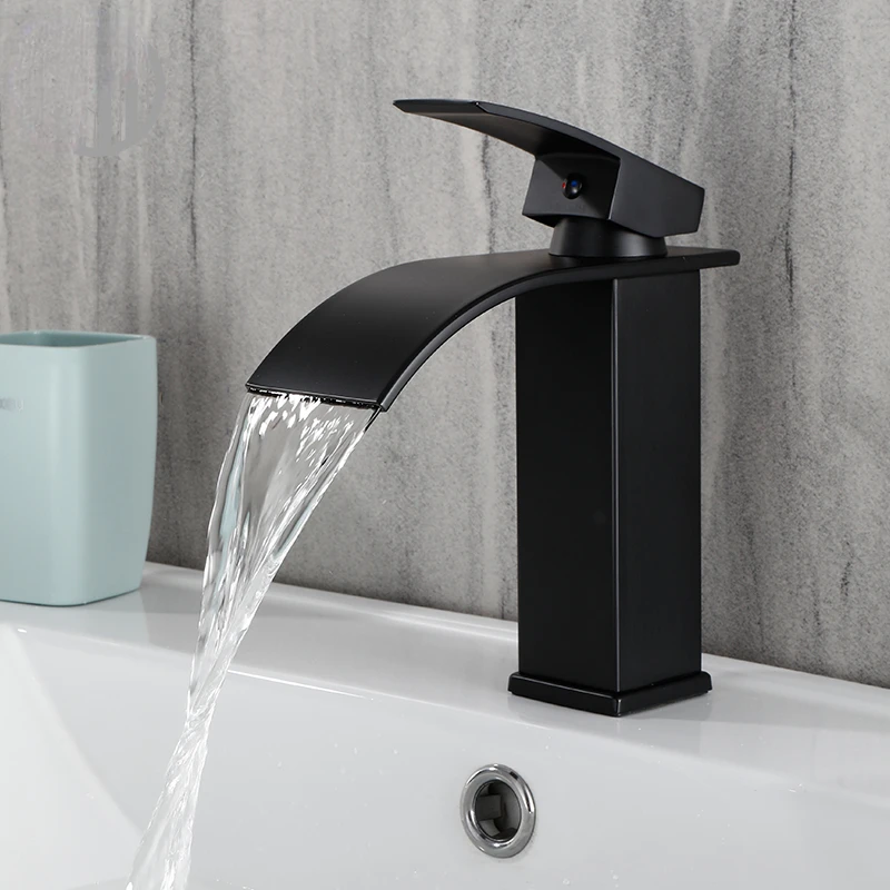 Black Wash Basin Sink Faucet Hot and Cold Waterfall Bathroom Faucet Deck-mounted Faucet,Basin Sink Faucet,With Pop