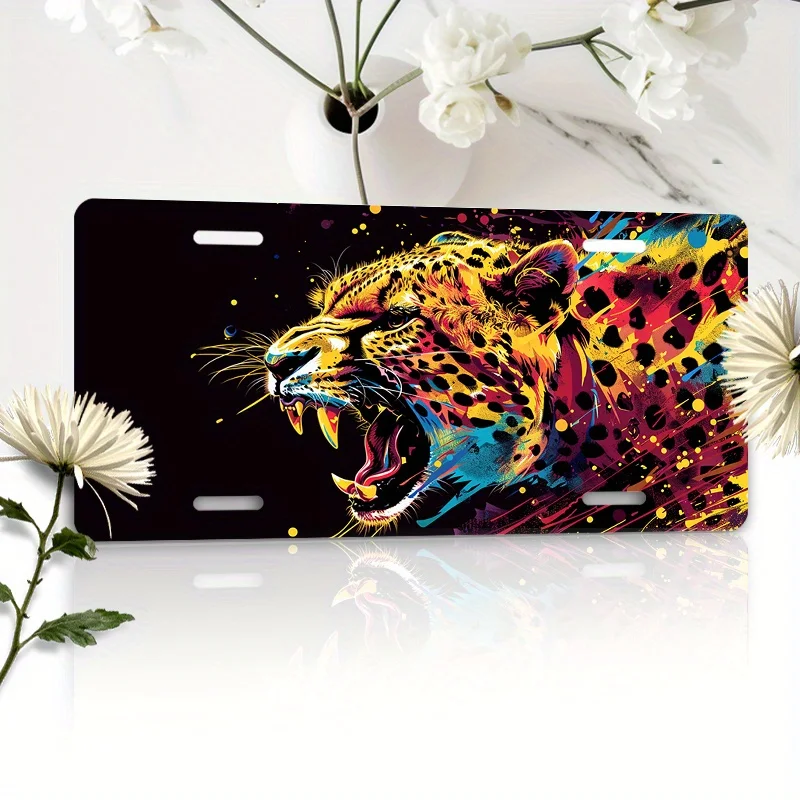 2D Flat, Vivid Cheetah Car Plaque - Dynamic Action Design, Openwork, Yellow and Black Spotted Fur, Black Background