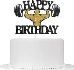 Weightlifting Cake Topper Happy Birthday Sports Pump Iron Kids Boy Man Party Baby Shower Cupcake Decoration Baking Supplies DIY