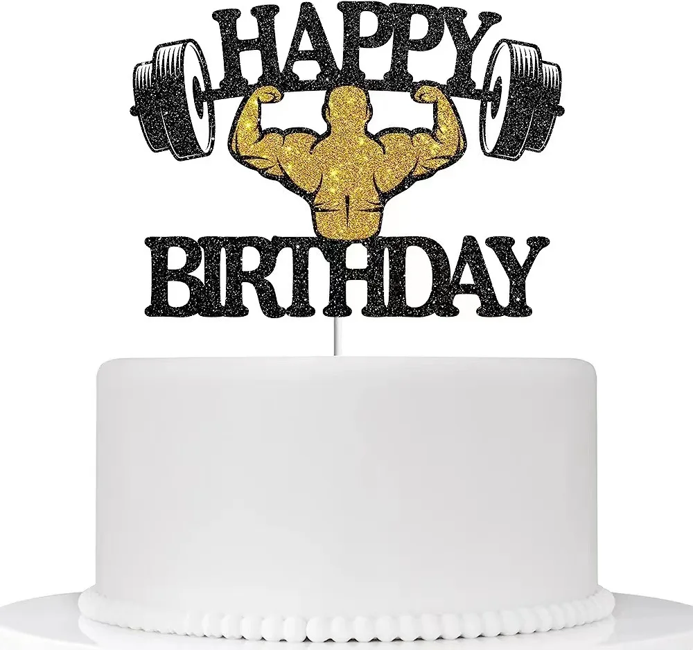 Cake Topper Weightlifting Happy Birthday Sports Pump Iron Kids Boy Man Party Baby Shower Cupcake Decoration Baking Supplies DIY