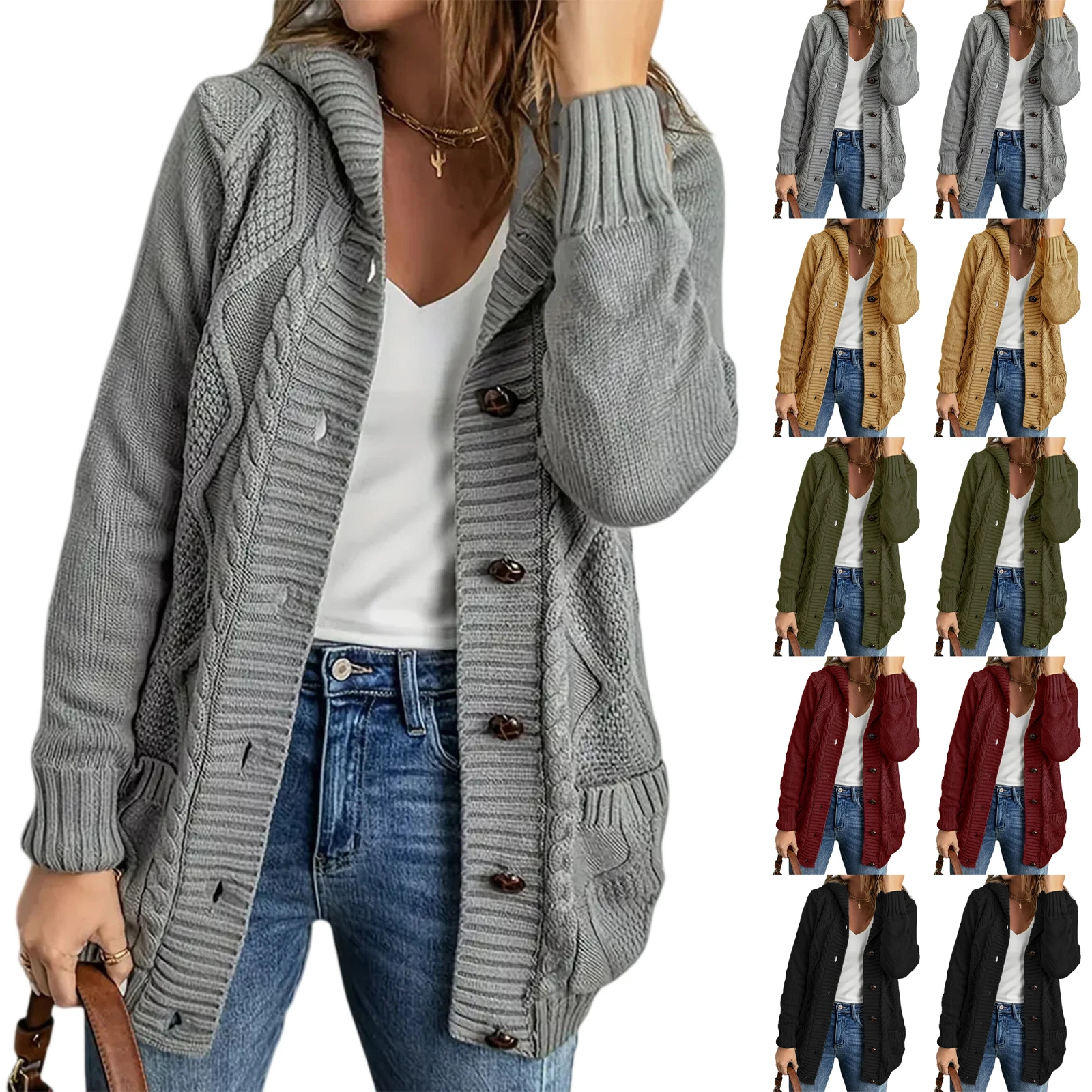 Damski sweter rozpinany z kapturem, dzianinowy, jesienno-zimowy, casualowy, jednolity kolor, długi rękaw, kieszenie, płaszcz, strój na co dzień.