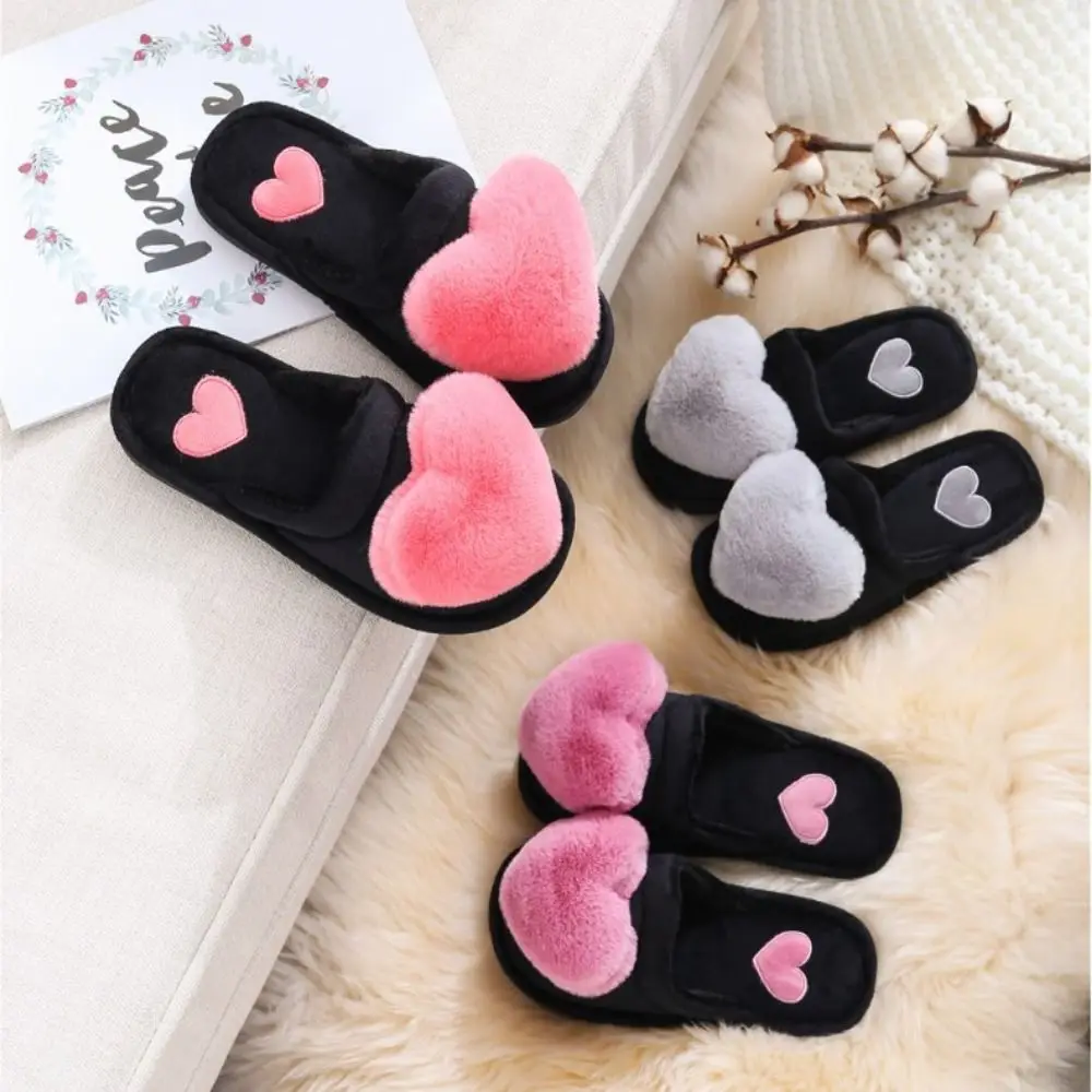 1 Pair Slippers Women Winter Heart Shoes Cold-proof Slides Plush Home Slippers Indoor House Shoes Winter Warm Fur Slippers