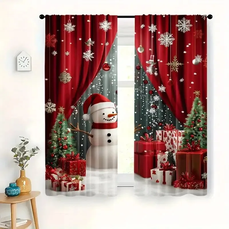 2PCS Christmas Curtains Snowman Red Curtain Gift Box Xmas Tree Snowflake Digital Print Drapes for Living Room Bedroom Decor