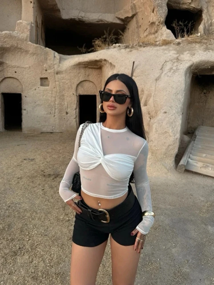 تي شيرت نسائي قصير شبكي موضة 2026 مثير شفاف بياقة دائرية وأكمام طويلة ملابس خروج نسائية Y2K #2