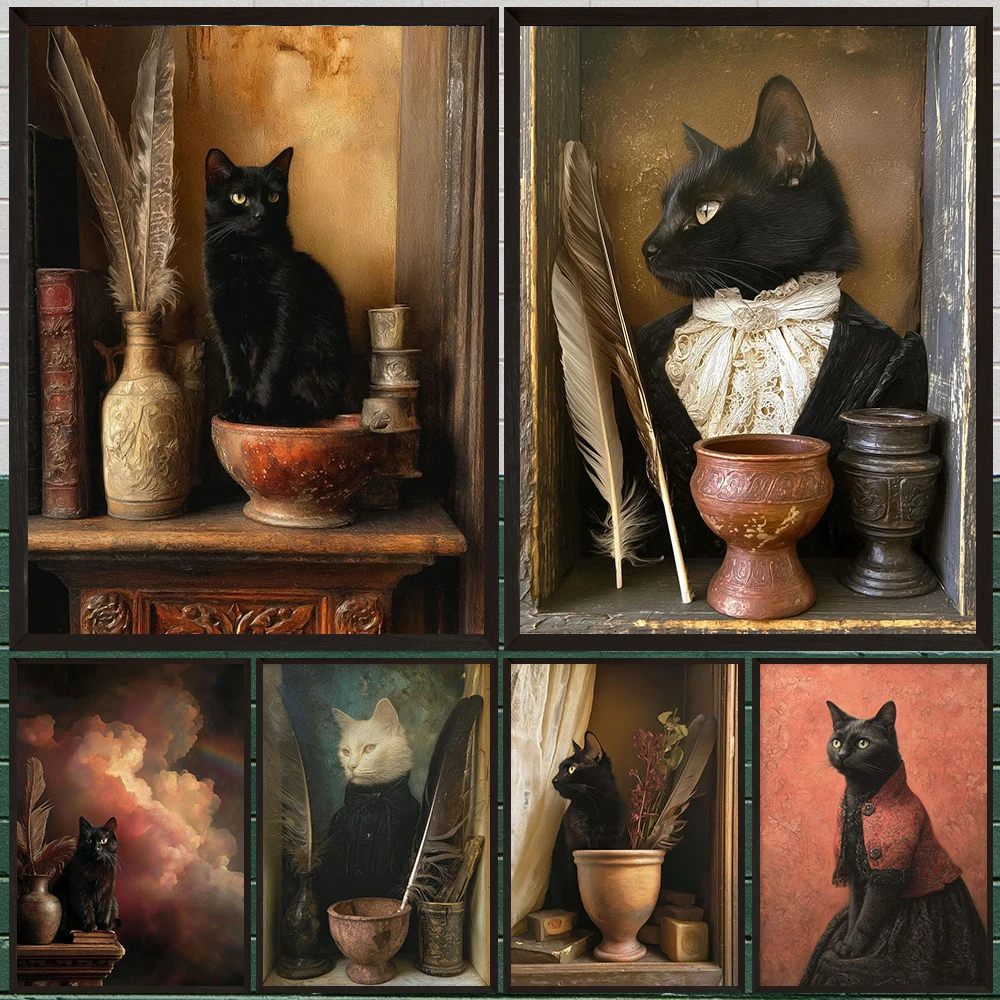 Dark Vintage Still Life Canvas Painting Noble Black Cat Feather Vase Old Book Antique Oil Print Cottagecore Bedroom Wall Art