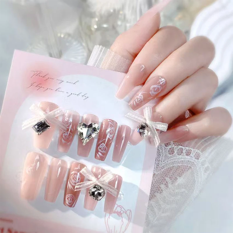 DIY Blush Pink False Nails Bowknot Diamond Pearl 3D Design Press on Nail Tips with Harmless Smooth Edge Nails Woman Fake Nails