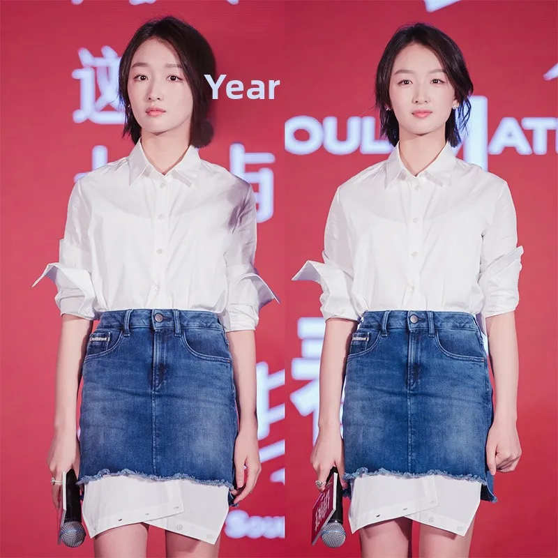 

Irregular Long Sleeve White Shirt And Ruffle Denim Skirt Set Fashionable And Unique Design by Yola Lucia for Spring 2023