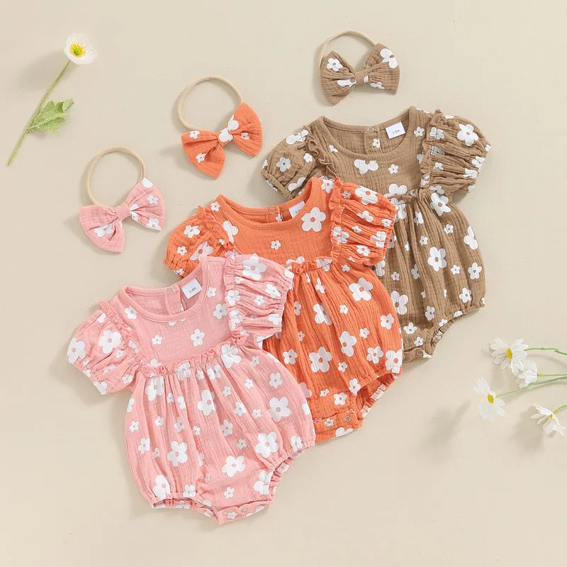 

Baby Girl 2Pcs Summer Outfits Short Sleeve Floral Print Frill Romper with Headband Set Newborn Clothes