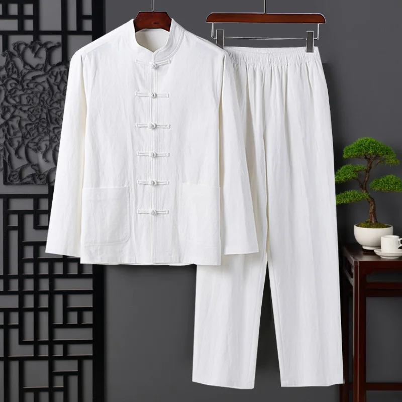 

Cotton Linen Set Men's Lay Brother's Clothes Middle-aged Men's Spring Autumn Tang Suit andpa Linen Jaet Long Sve ...