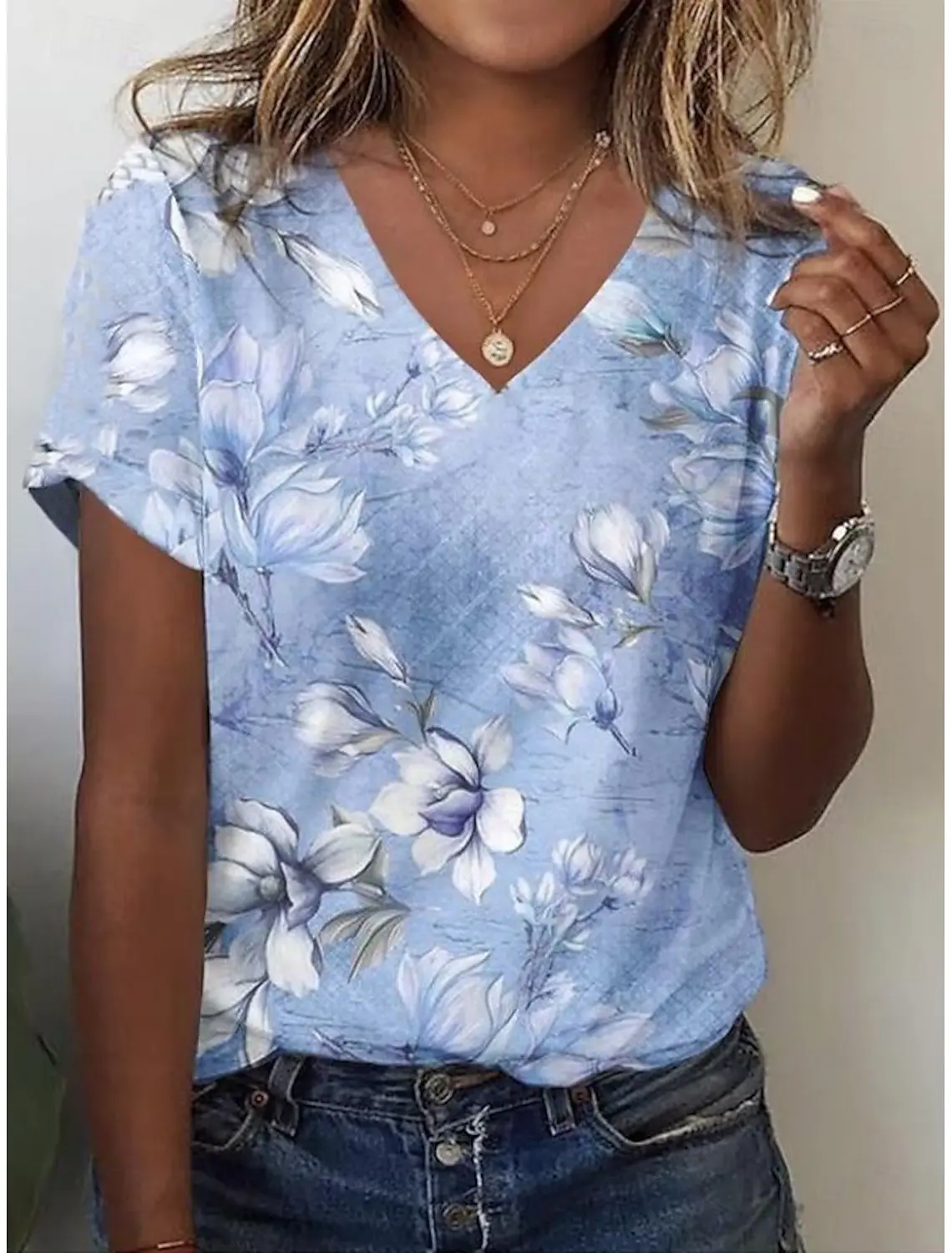 

New Summer Women's Cat Paw Color Print T-shirt V-neck Short Sleeve Street Casual Daily Basic Tops