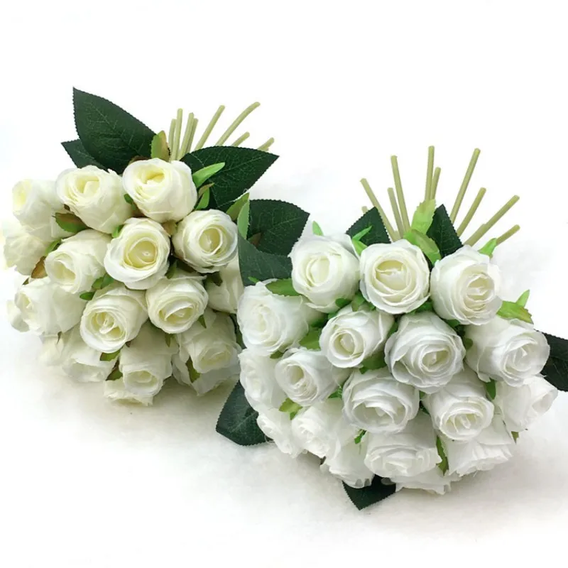 YO CHO Artificial Flower Bouquet 18 Heads Silk Rose Fake Flower White Bridesmaid Wedding Bouquet Home Party Wedding Table Decor