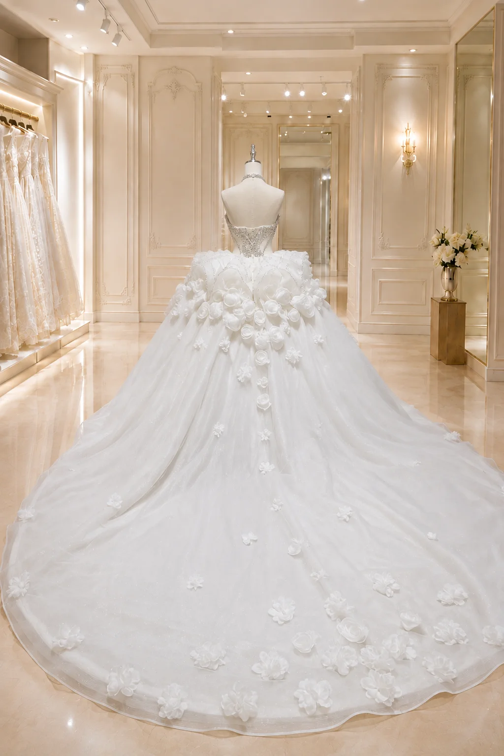 Luxury Crystal Beaded Ball Gown Wedding Dress Strapless 3D Flowers Rose Appliques Long TrainCustomiz Vestido de Novia Princesa